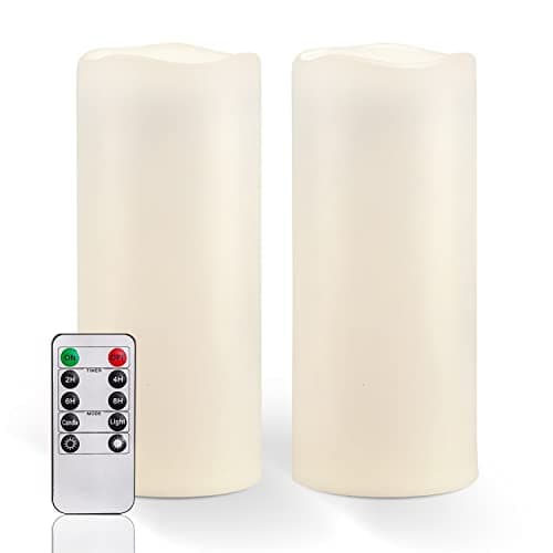 Image of Homemory 4" x 10" Large Waterproof Flickering Flameless Candles Outdoor, Battery Operated LED Candles with Remote Control and Timers, Electric Fake Candle, Ivory, Plastic, Won't Melt, Set of 2