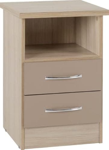 Image of Kelsey Stores Nevada 2 Drawer Bedside Cabinet Chest Side Table With Shelf (Oyster Gloss/Light Oak Effect Veneer)