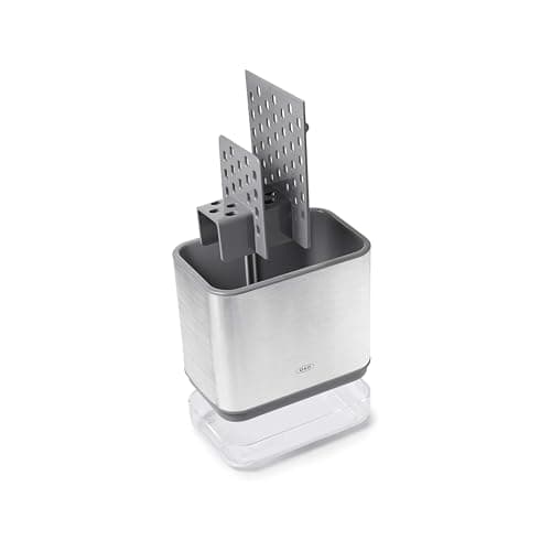 Image of OXO Good Grips Sinkware Caddy, Stainless Steel, Compact - Ventilated Divider, Removable Drip Tray with Pour Spout, Silver, 14.5 x 10 x 14 cm
