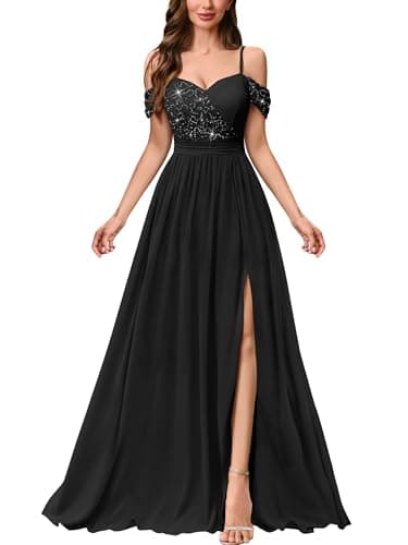 Image of MIUSOL Women's Vintage Slip Off-Shoulder Lace Sequin Wedding Guest Banquet Party Maxi Dress (Large, Black)
