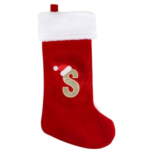 Image of VEYLIN Christmas Stockings with Letters, 20 Inch Plush Christmas Stockings Embroidered Stockings Large Christmas Stockings for Kids/Adult Red Letter(S)
