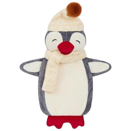 Image of Hot Water Bottle with Animal Fleece Cover 1 or 2 Litre Capacity Natural Rubber Long Hot Water Bottle Plush Cute Animal Cover Cosy Gifts (Grey Penguin)
