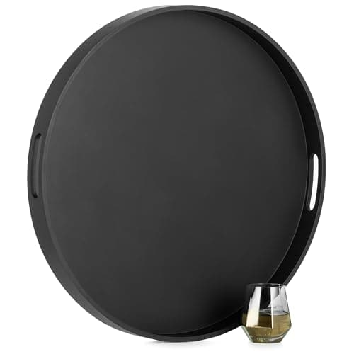 Image of Hanobe Large Decorative Serving Tray: Modern Round Black Ottoman XXL Wooden Trays Decor with Handles for Living Room Footstool Coffee Table Display