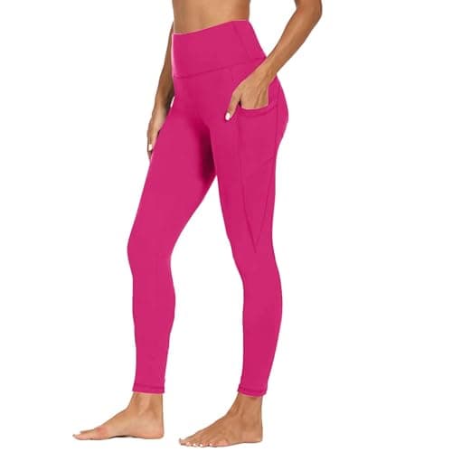 Image of AMDOLE Gym Leggings for Women with Pockets High Waisted Leggings Soft Elastic Tummy Control Slim Trousers Ladies Sports Workout Running Yoga Pants Hot Pink L