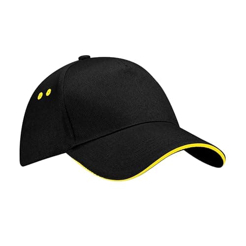 Image of Beechfield Unisex B015CBLK-YEL Ultimate 5-Panel Sandwich Peak Cap - Black, One Size