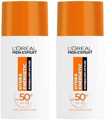 Image of L'Oréal Men Expert Hydra Energetic Daily SPF50+ Invisible Fluid, UV Protection & Skin Revitalisation, With Vitamin C Antioxidant, 50ml (Pack of 2)
