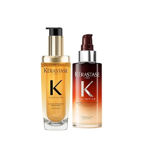 Image of Kérastase Elixir Ultime Refillable Hair Oil 75ml and Nutritive 8H Magic Night Hair Serum 90ml , 24H Nourishing and Heat Protection Routine for Dry and Dull Hair