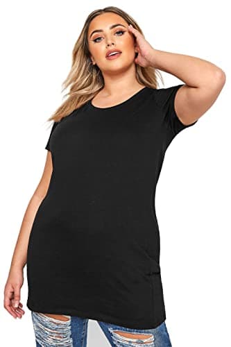 Image of Yours Curve Essential Cotton Longline Soft Stretch Short Sleeve Scoop Neck Tee T-Shirt - Women's - Plus Size Black 26-28
