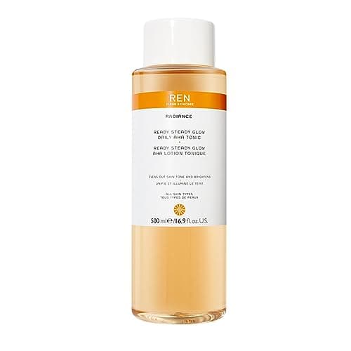 Image of REN Clean Skincare Ready Steady Glow Daily AHA Tonic-Daily Facial Brightening - Exfoliate, Hydrate & Even Skin Tone with Resurfacing AHAs & BHAs - Cruelty Free & Vegan Pore Reducing Toner 500ml