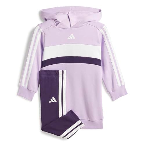 Image of adidas Baby Girls SEASONAL ESSENTIALS TIBERIO 3 STRIPES FLEECE LEGGINGS SET, powder plum/aurora plum/white, 9-12 Months