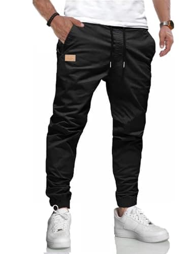 Image of LIUPMWE Joggers for Men Cotton Casual Mens Work Trousers Tracksuit Elastic Cargo Pants Waist with Drawstring Pockets Sweatpants,M,Black-01
