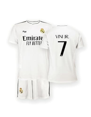Image of Real Madrid Home Kit Jersey and Shorts, Season 24/25, Vini Jr., 14 Years, Replica Shirt with Official License