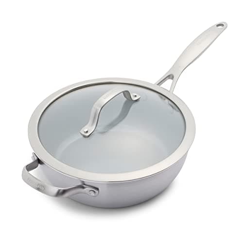 Image of GreenPan Venice Pro Tri-Ply Stainless Steel Healthy Ceramic Non-Stick 24cm/3.4 Litre Chef's Pan with Helper Handle and Lid, PFAS Free, Multi Clad, Induction, Oven Safe, Silver