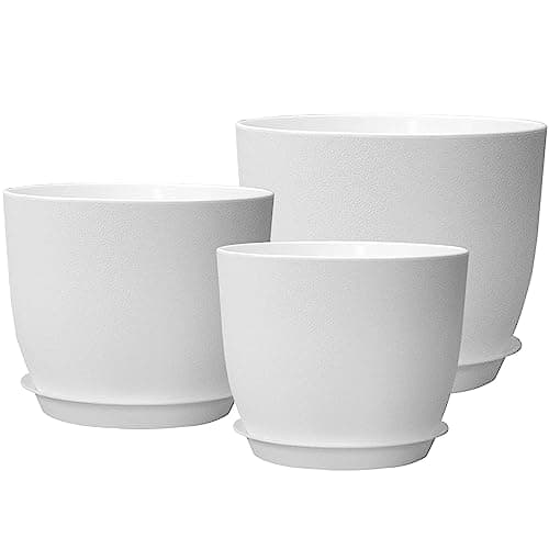 Image of PROFIKLA 20cm, 18cm, 16cm Plastic Plant Pots, Plant Pots with Drainage Holes and Saucers, A Set of 3 Flower Pots, Modern Decorative Planters, White