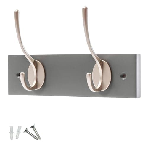 Image of keypak 2 Hook Slate Grey Wooden Wall Mounted Coat Rack with 2 Satin Nickel Hooks - Heavy Duty Wooden Board for Coats, Hats, Bags, Tools Space Saving Wall Storage Organiser, Fixings Included