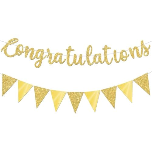 Image of Gold Congratulations Banner with Gold Triangle Bunting Garland for Graduation, Wedding, Bridal Shower, Engagement, Retirement, Baby Shower, Birthday, Anniversary, Celebration Party Decorations