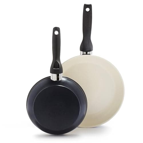 Image of GreenPan Rio Healthy Ceramic Non-Stick 2-Piece Frying Pan Skillets Set, 20cm & 26cm, PFAS Free, Stay-Cool Handle, Oven Safe up to 160°C, Dishwasher Safe, Black & Cream
