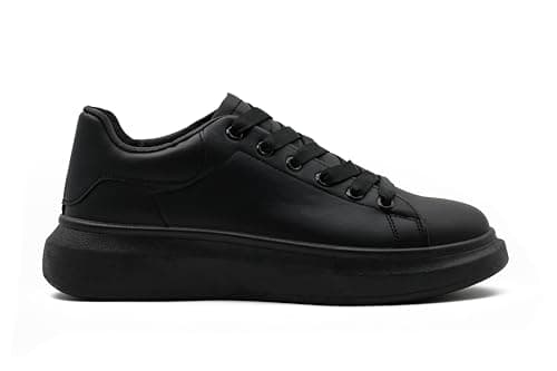 Image of Mens Faux Leather Lace up Trainers Smart Casual Sneakers Flat Sole Court Shoes Black-42