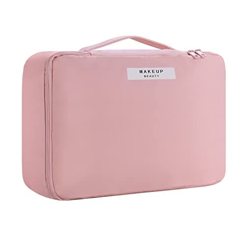 Image of Travel Makeup Bag [with Brushes Holder & Detachable Pouch] Cosmetic Bag Large Capacity Waterproof Makeup Case Storage Organiser for Women & Girls (Pink)