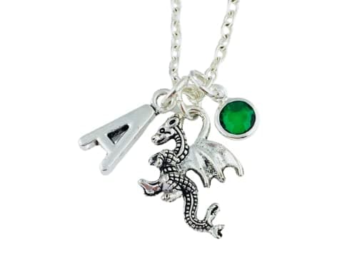 Image of Personalised Dragon Necklace, initial charm, birthstone crystal, silver plated or sterling silver, fantasy jewellery fairytale birthday gift sister best friend witch halloween costume gamer girl