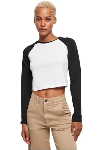 Image of Urban Classics Women's Ladies Organic Cropped Retro Baseball Longsleeve T-Shirt, White/Black, L
