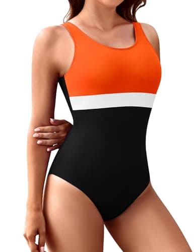 Image of Vijamiy Swimming Costume Women One Piece Sports Swimwear for UK U-Shaped Open Back Swimsuit Colour Blocking Professional Ladies Swimming Pool(Orange,M)