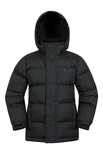 Image of Mountain Warehouse Snow Padded Kids Puffer Jacket - Water Resistant Coat, Fleece Lined Hood, Adjustable Cuffs - For Spring Summer Jet Black Teen Size 13 Years