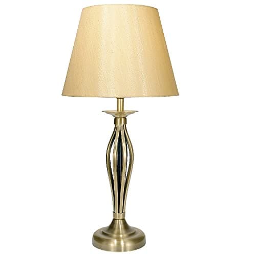Image of Antique Brass Vintage Open Metalwork Table Lamp with Gold Faux Silk Tapered Drum Shade | 53cm Height | 1 x ES E27 Lamp Bulb Required | UK Approved | in-Line On Off Switch