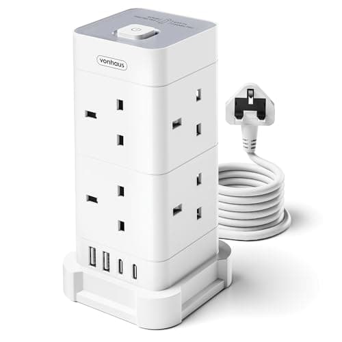 Image of VonHaus Tower Extension Lead (3250W 13A), Surge Protection Extension Socket with 8 AC Outlets, 2 USB Ports & 2 USB-C Ports for Faster Charging, 2M Plug Lead w/Switch for Office, Home, Kitchen