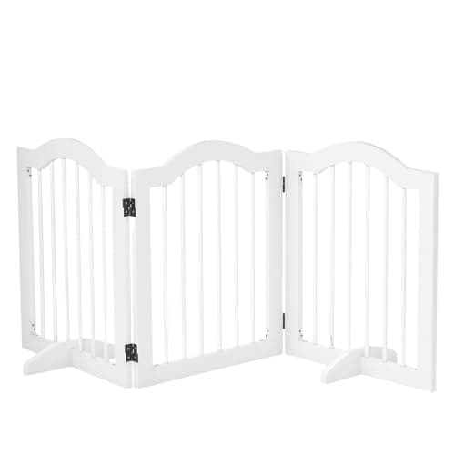 Image of PawHut Freestanding Pet Gate Wooden Dog Gate with Support Feet Foldable Pet Fence Safety Barrier for the House Doorway Stairs White