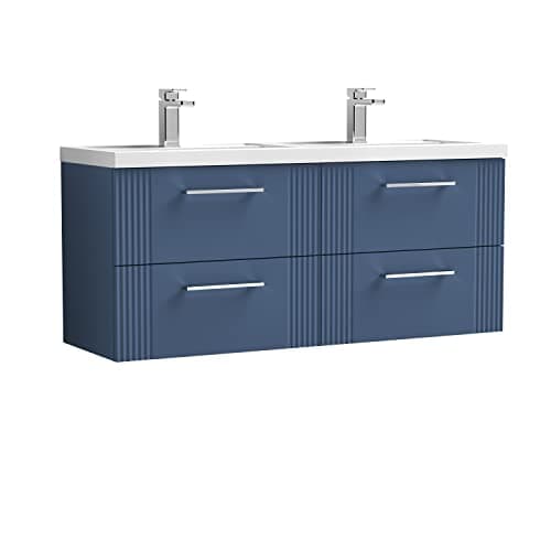 Image of nuie DPF393C Deco Modern Bathroom Wall Hung 4 Drawer Part Fluted Vanity Unit with Twin Polymarble Basin, Satin Blue