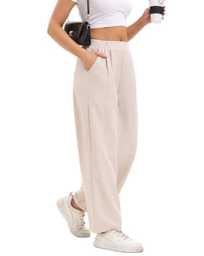 Image of DGSHIRLDJO Wide Leg Trousers for Women UK High Waisted Casual Business Lounge Pants with Pockets Summer Straight Trousers(M,Beige)