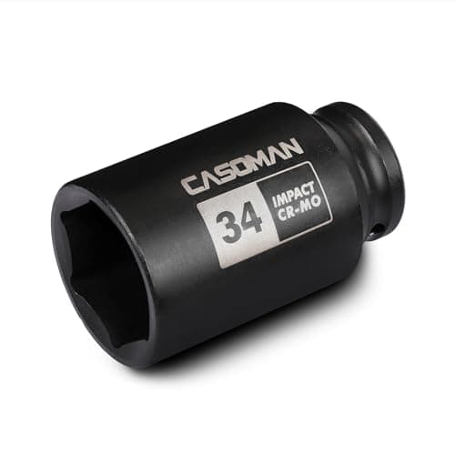 Image of CASOMAN 1/2" Drive x 34 mm Deep 6 PT Impact Socket, CR-MO, 1/2-inch Drive 6 Point Axle Nut Socket for Easy Removal of Axle Shaft Nuts (34MM)