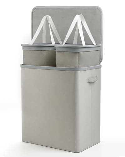 Image of Keplin Collapsible Double Laundry Basket with Lid & Removable Liner – 150L 2-Compartment Clothes Sorter, Fabric Laundry Hamper with Handles, Easy Assembly, Stylish Storage for Home, 56x40x67cm, Grey
