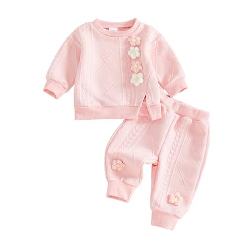 Image of Barbotimer Baby Girl Clothes 3D Flower Embroidery Sweatshirt Side Silp Long Sleeve Pullover Tops Solid Color Jogger Pants Cute 2Pcs Tracksuit Set Toddler Autumn Winter Clothing Set (Pink, 2-3 Years)