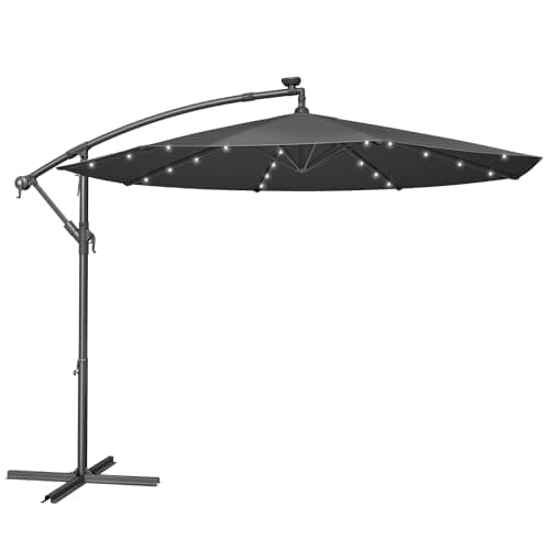 Image of SONGMICS Cantilever Garden Patio Parasol Umbrella with Base, 3m Offset Parasol, Banana Hanging Umbrella, Sunshade UPF 50+, Crank for Opening Closing, 32 Solar-Powered LED Lights, Grey GPU118G01V1