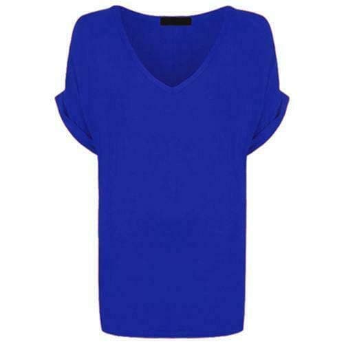 Image of Shop Nova® Women's New Plus Size Womens Short Turn Up Sleeve Baggy Plain Top Ladies V-Neck T-Shirt 8-26 (Royal Blue, 16)