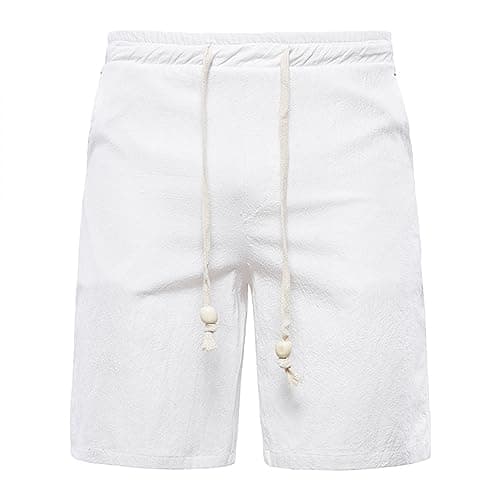 Image of Generisch Short Linen Trousers Men's Summer Cotton Linen Shorts with Drawstring Adjustable Waistband Men's Shorts Casual Bermuda Trousers Lightweight Summer Shorts Plain Leisure Trousers Breathable