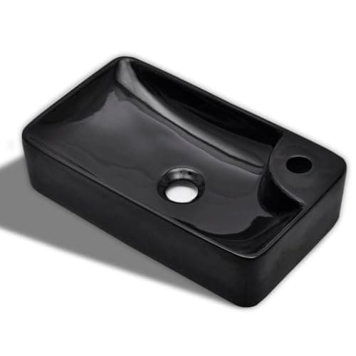 Image of vidaXL High Gloss Ceramic Bathroom Sink Basin, Black, Wall-Mounted, with Faucet Hole, Easy-to-Clean, Modern and Elegant Design for Bathroom & Washroom Decor