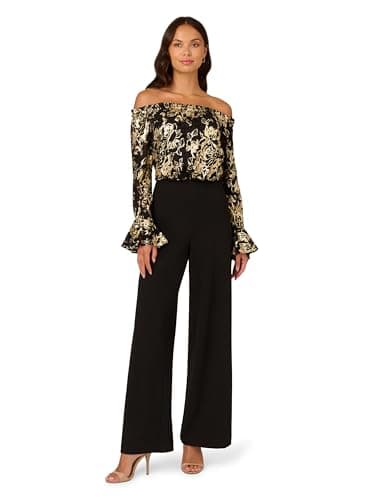 Image of Adrianna Papell Womens Lace and Crepe Jumpsuit, Black/Gold, 12