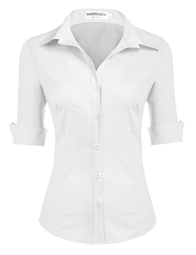 Image of HOTOUCH Blouses for Women Cotton White Fitted Shirt Ladies 3/4 Sleeve Office Shirts Short Sleeve Blouse Button Down V-Neck Tops White XXL