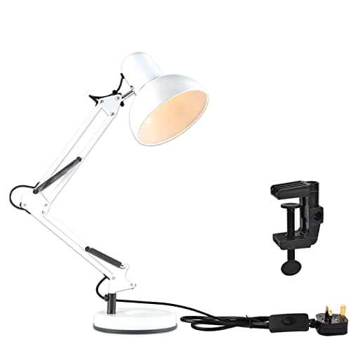 Image of TEKLED® LED Desk Lamp | Adjustable Swing Arm | Replaceable E27 Edison Screw Bulb Holder | Flexible Table Clamp | for Bedside Reading, Office Work, Architects, Students (Swing Arm White)