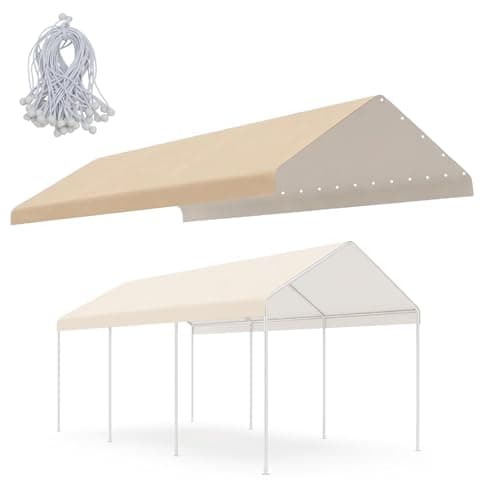 Image of COWVIE 3 x 6m Carport Canopy Replacement Cover, with 46Pcs Long Ball Bungees, Waterproof Garage Top Tent Shelter Tarp, Only Top Cover