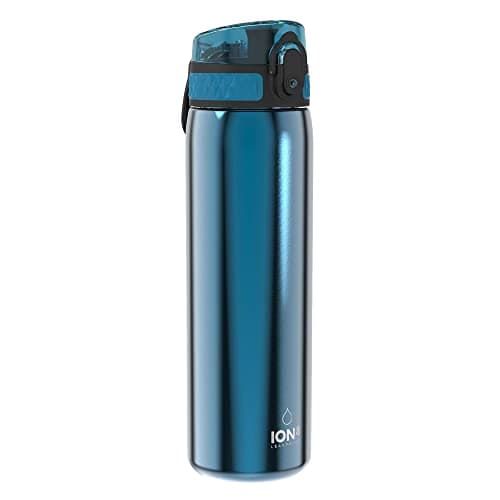 Image of Ion8 Lightweight Steel Water Bottle, 600ml/20oz, Non-Insulated, Leak Proof, Easy to Open, Secure Lock, Dishwasher Safe, Flip Cover, Fits Cup Holders, Carry Handle, Metal Water Bottle, Metallic Blue