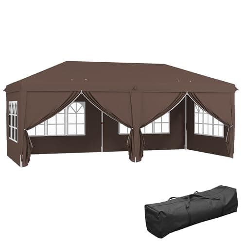 Image of Outsunny 3 x 6 m Garden Pop Up Gazebo, Wedding Party Tent Marquee, Water Resistant Awning Canopy with Sidewalls, Windows, Carry Bag, Brown
