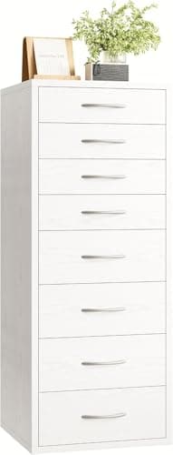 Image of IRONCK White Chest of Drawers Bedroom with 8 Drawers, Tall Storage Cabinet with Handles, Narrow Dresser Cabinet Bedroom Furniture, Wooden Cupboard for Living Room Hallway 40x41x105cm