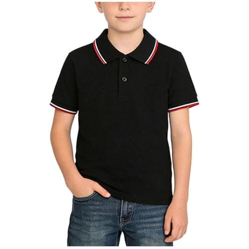 Image of Black Boys Girls Polos T Shirts Kids Striped Print Tshirts Summer Short Sleeve Button Up Tee Tops School Uniform Outdoor Gym Sportwear for Unisex Childs Age 2-15 Years 9-10 Years