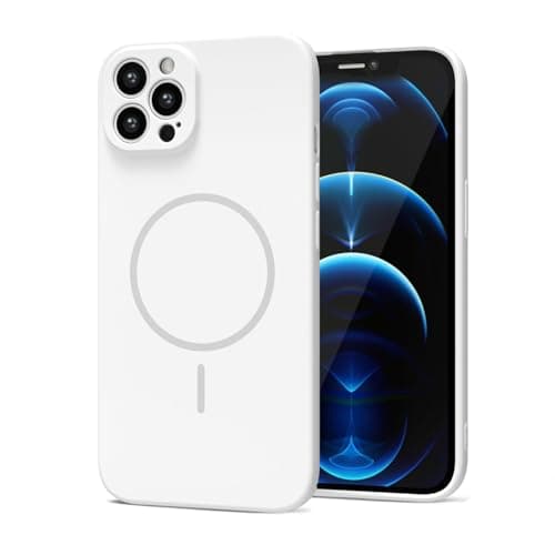 Image of LoeoeL Magnetic Phone Case for iPhone 12 Pro Max Case Silicone, Cute Slim Thin Phone Cover Compatible with MagSafe for Women, Girly Soft Rubber Gel Mag Safecase with Camera Protection, White