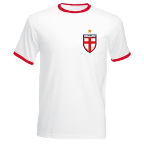 Image of Second Ave Men's Unisex England Flag Badge Euros World Cup Football White Retro Ringer T Shirt Top Kit
