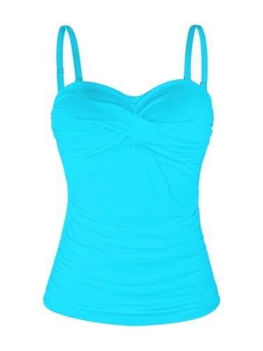 Image of Ocean Blues Women's Sky Blue Twist Bandeau Swimsuit Top Ruched Tummy Control Tankini Top Size Large